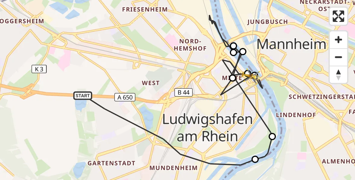Flugroute Rettungshubschrauber Ludwigshafen am Rhein - Ludwigshafen am Rhein, 21 Juni 2026, 13:33