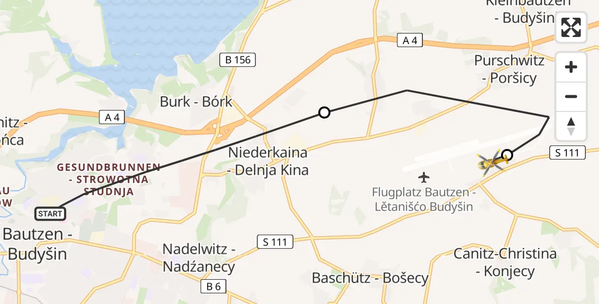 Flugroute Rettungshubschrauber Bautzen - Bautzen Flugplatz, 21 Juni 2026, 13:38