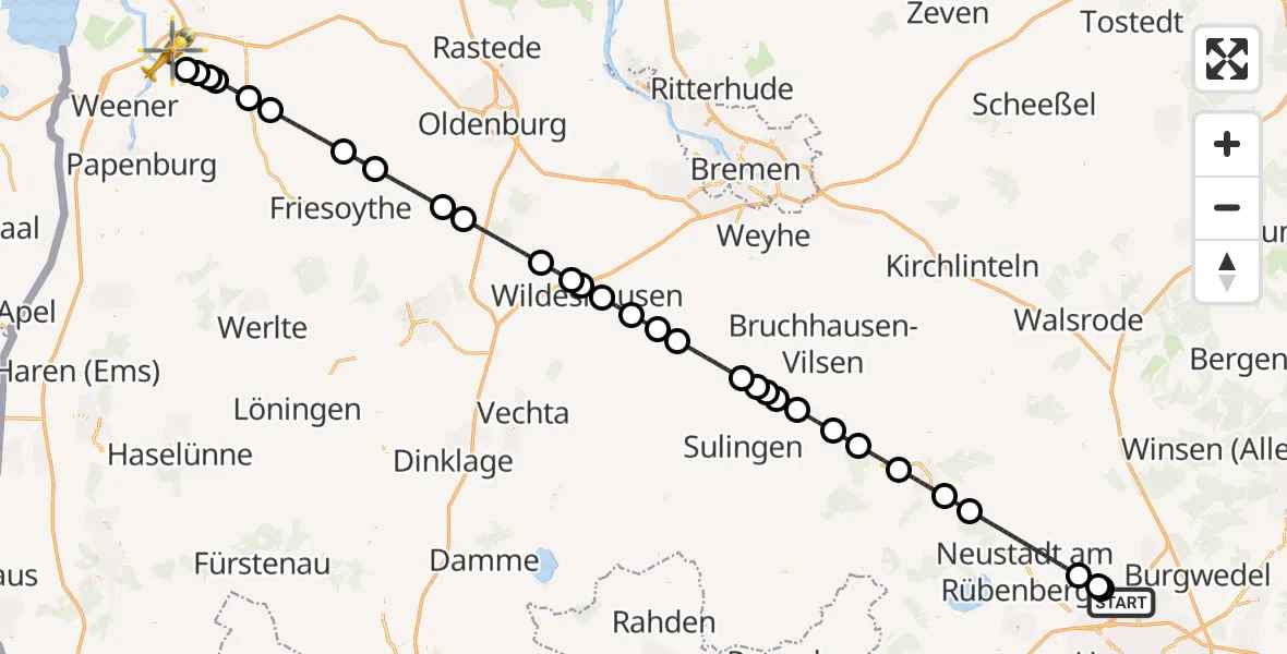 Flugroute Rettungshubschrauber Flughafen Hannover - Leer (Ostfriesland), 21 Juni 2026, 13:38