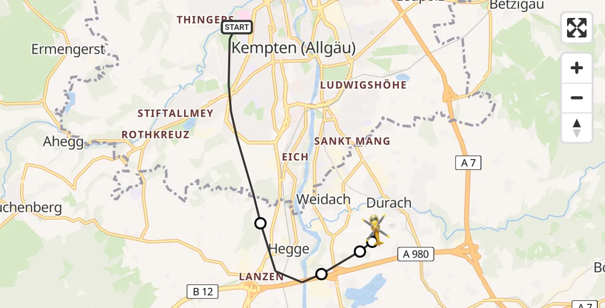Flugroute Rettungshubschrauber Kempten (Allgäu) - Kempten-Durach Flugplatz, 21 Juni 2026, 13:39