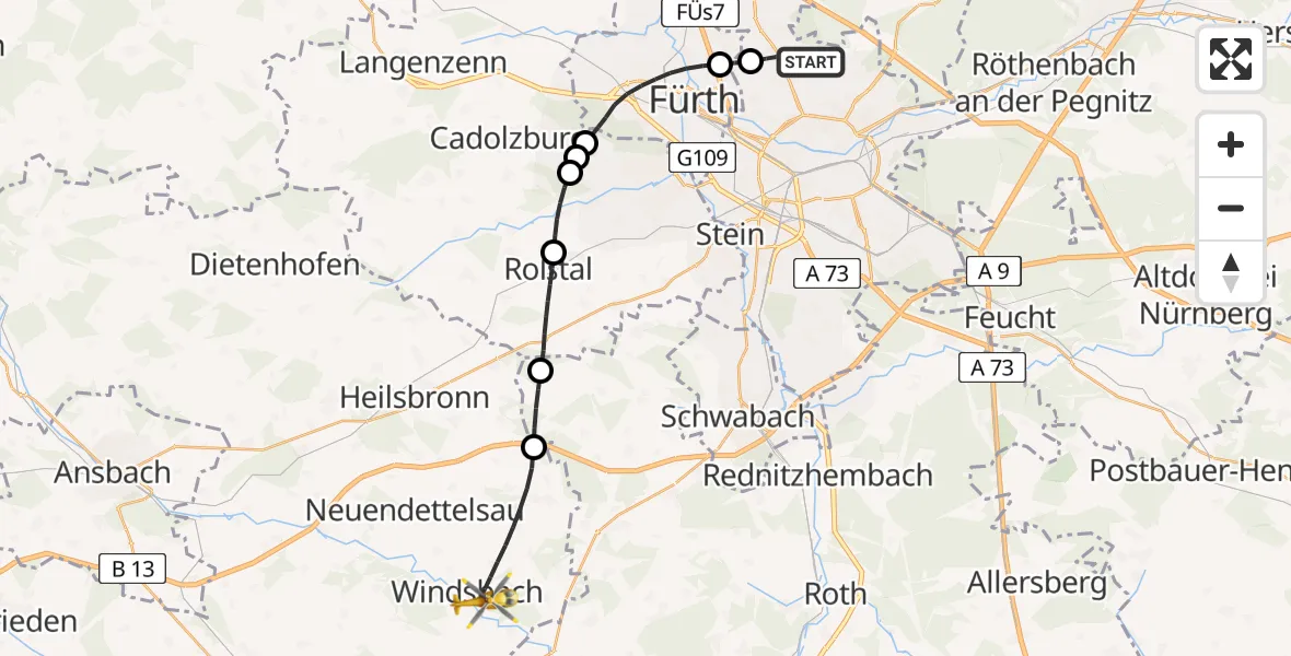 Flugroute Rettungshubschrauber Flughafen Nuremberg - Windsbach, 21 Juni 2026, 13:46