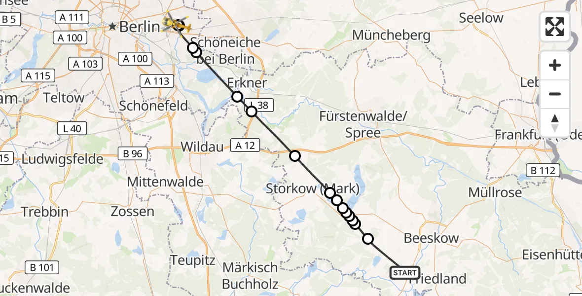 Flugroute Rettungshubschrauber Tauche - Berlin Emergency Hospital, 21 Juni 2026, 13:47