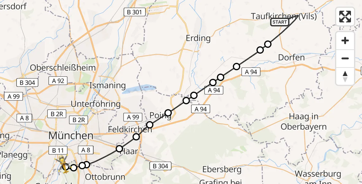 Flugroute Rettungshubschrauber Taufkirchen (Vils) - ADAC Air Rescue Center Hubschrauberlandeplatz (Christoph 1), 21 Juni 2026, 13:50