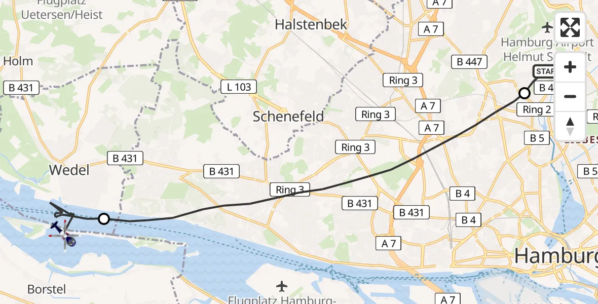Flugroute Polizeihubschrauber Hamburg Helmut Schmidt Flughafen - Jork, 21 Juni 2026, 13:55