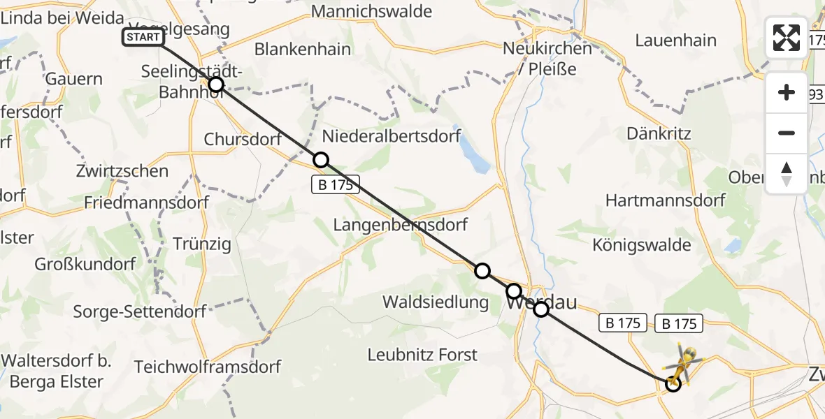 Flugroute Rettungshubschrauber Braunichswalde - ADAC Air Rescue Station Zwickau Hubschrauberlandeplatz, 21 Juni 2026, 13:59