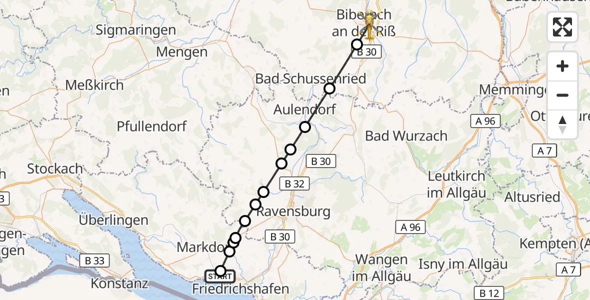 Flugroute Rettungshubschrauber Friedrichshafen Hospital - Biberach an der Riß, 21 Juni 2026, 13:59