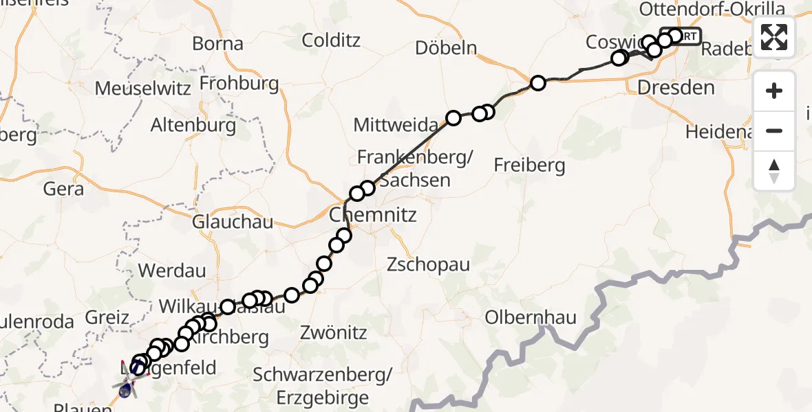 Flugroute Polizeihubschrauber Dresden Flughafen - Treuen, 21 Juni 2026, 14:00