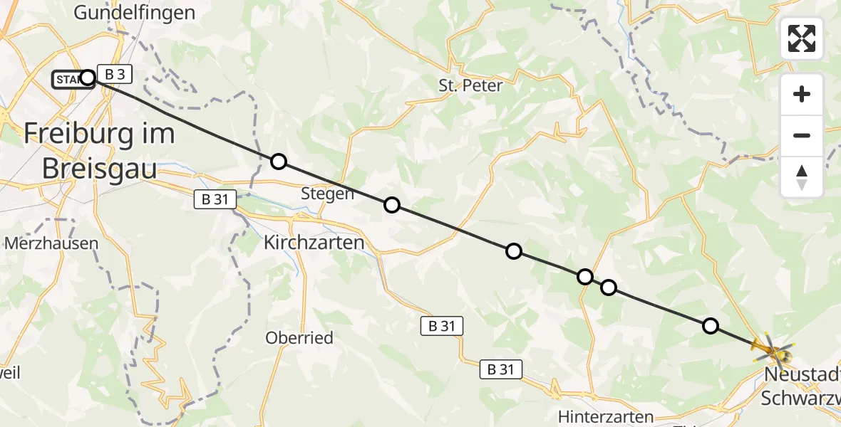 Flugroute Ambulanzhubschrauber Freiburg im Breisgau Flugplatz - Titisee-Neustadt, 21 Juni 2026, 14:00