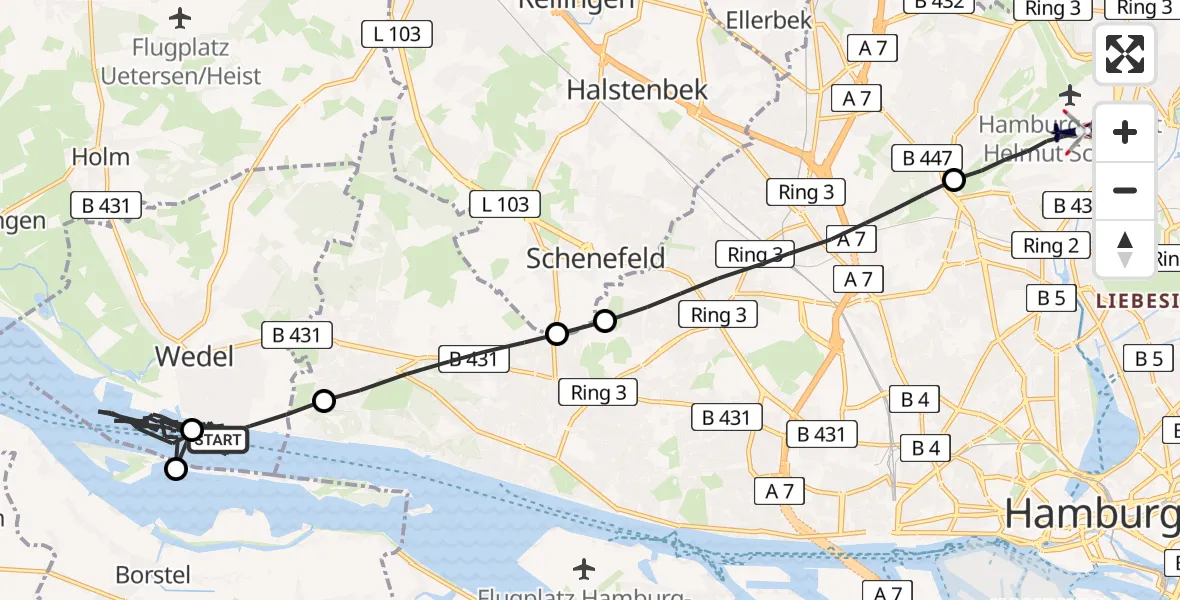 Flugroute Polizeihubschrauber Wedel - Hamburg Helmut Schmidt Flughafen, 21 Juni 2026, 14:05