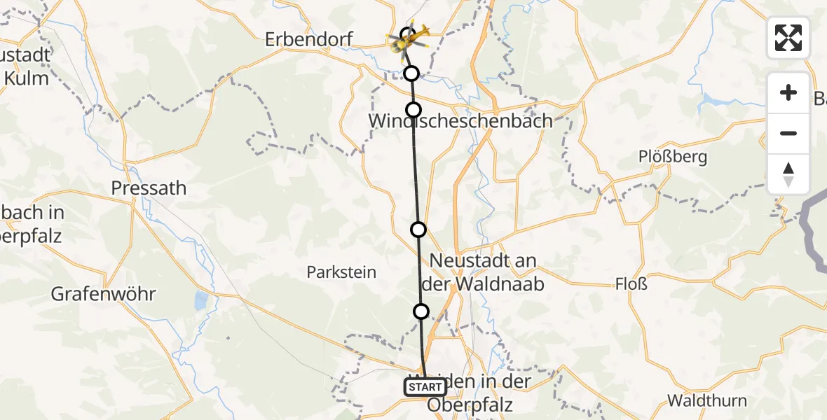 Flugroute Rettungshubschrauber Weiden i.d.OPf. - Reuth b.Erbendorf, 21 Juni 2026, 14:08