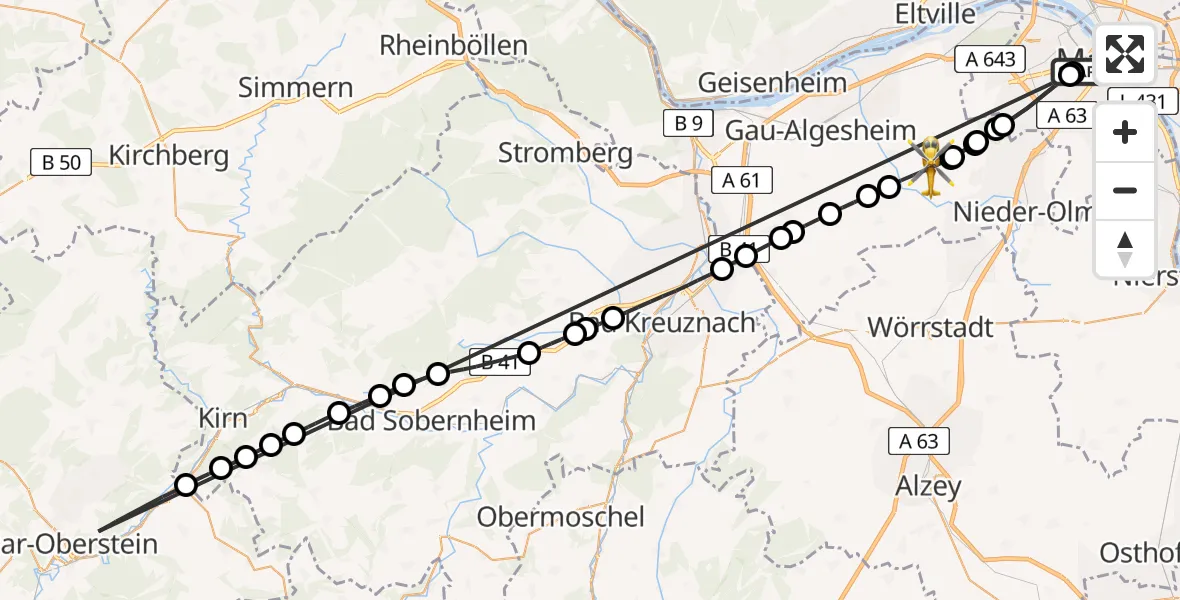 Flugroute Rettungshubschrauber Mainz University Hospital - Schwabenheim an der Selz, 21 Juni 2026, 14:09