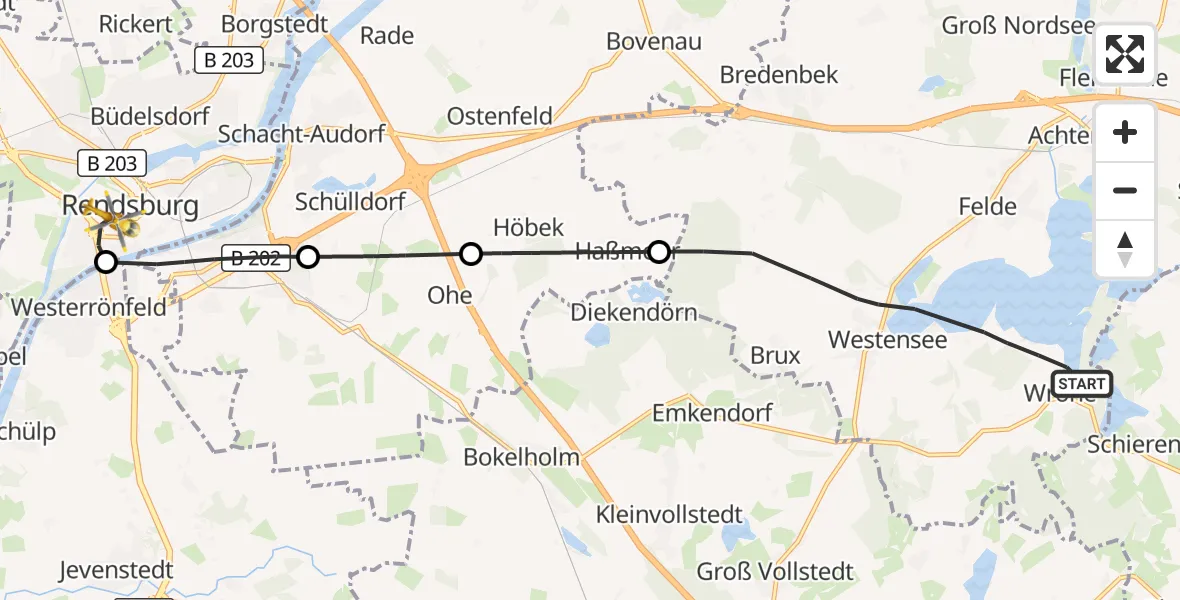 Flugroute Ambulanzhubschrauber Westensee - Rendsburg, 21 Juni 2026, 14:10