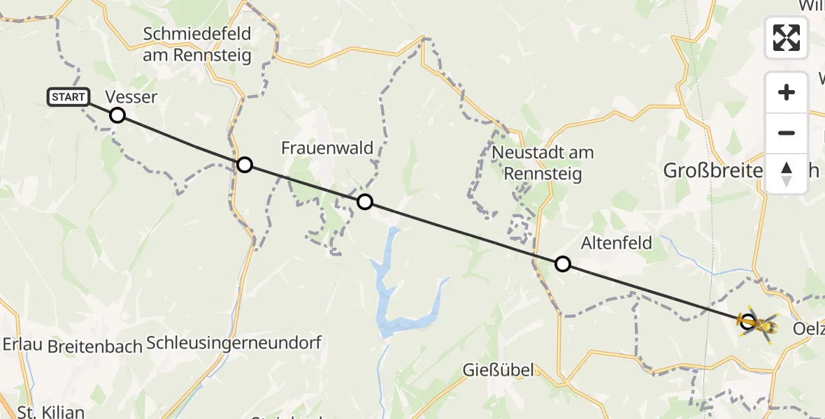 Flugroute Rettungshubschrauber Schleusingen - Katzhütte, 21 Juni 2026, 14:11