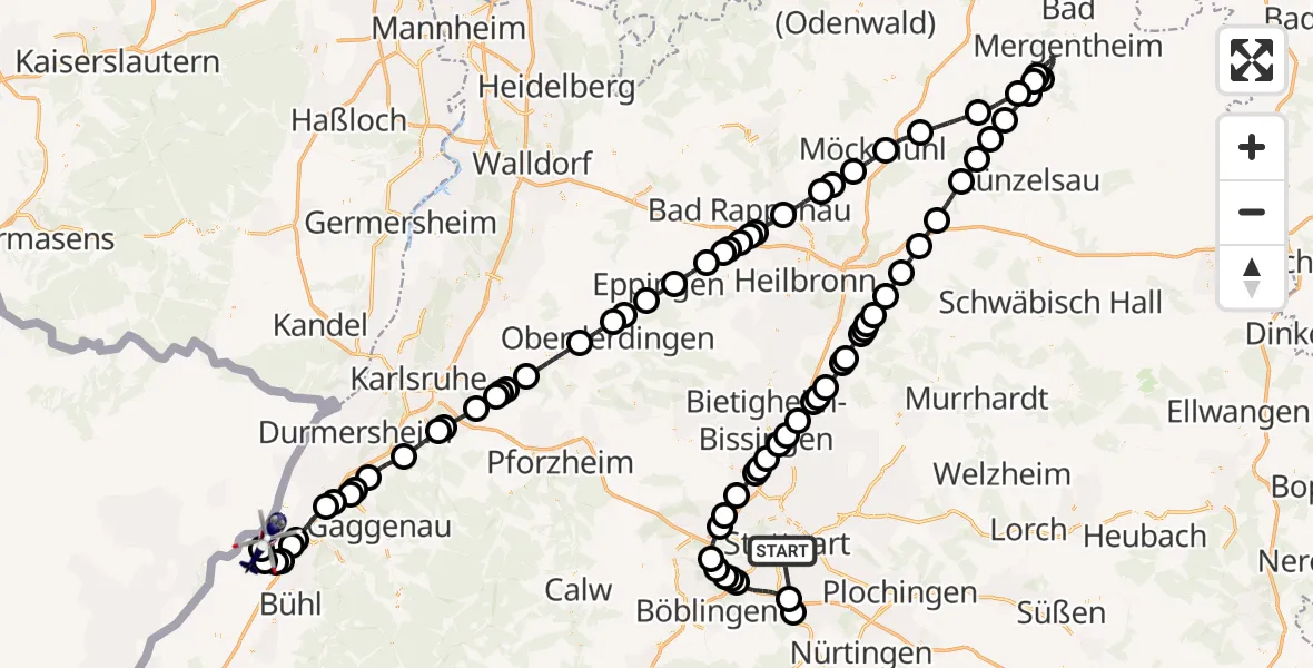 Flugroute Polizeihubschrauber Stuttgart - Karlsruhe Baden-Baden Flughafen, 21 Juni 2026, 14:14
