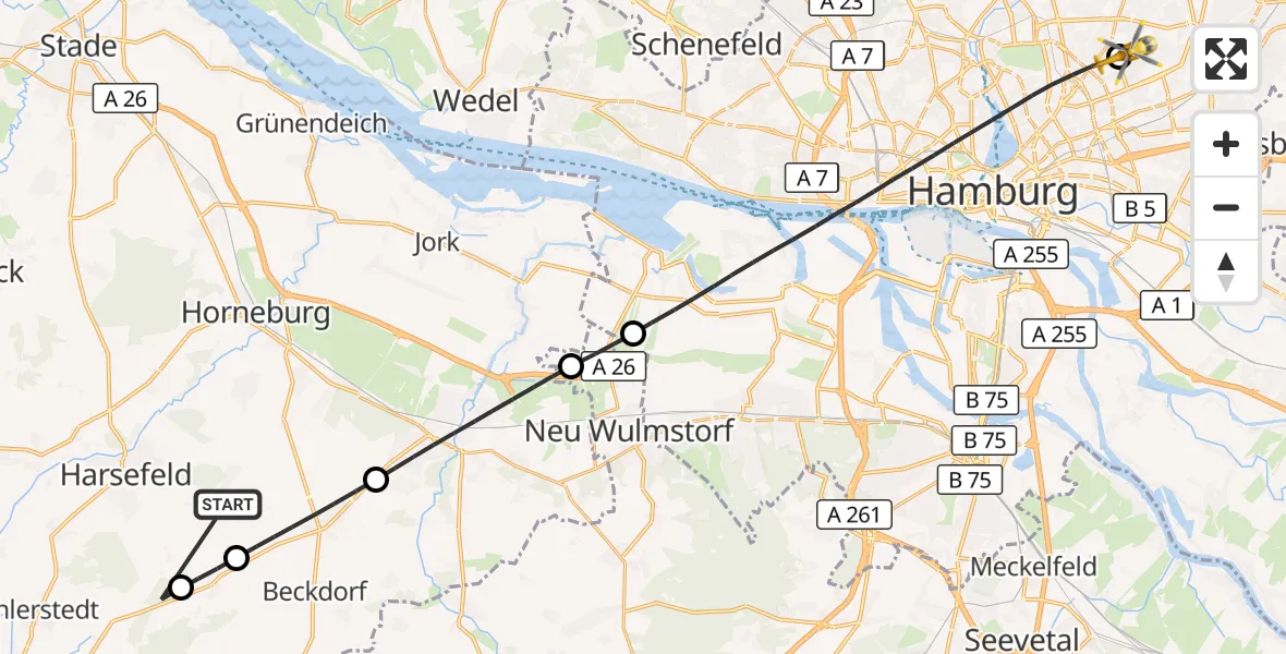 Flugroute Rettungshubschrauber Harsefeld - Hamburg Military Hospital, 21 Juni 2026, 14:17