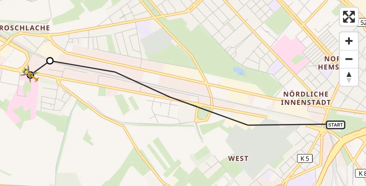 Flugroute Rettungshubschrauber Ludwigshafen am Rhein - Ludwigshafen Accident Hospital, 21 Juni 2026, 14:20
