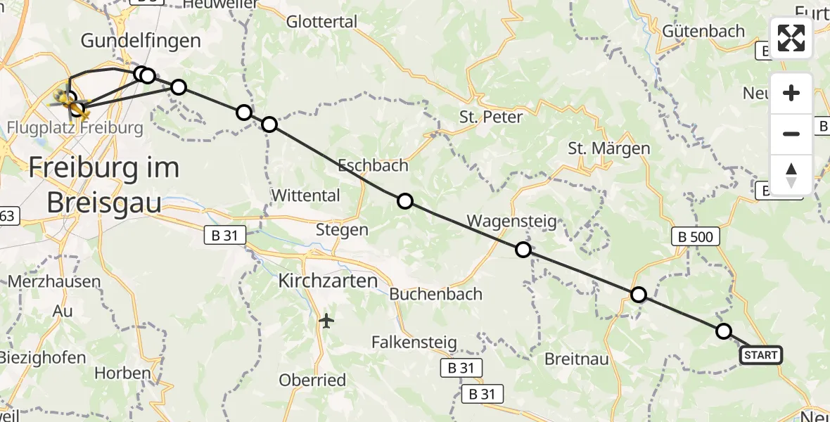 Flugroute Ambulanzhubschrauber Titisee-Neustadt - Freiburg im Breisgau Flugplatz, 21 Juni 2026, 14:23