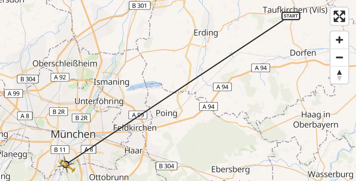 Flugroute Rettungshubschrauber Taufkirchen (Vils) - ADAC Air Rescue Center Hubschrauberlandeplatz (Christoph 1), 21 Juni 2026, 14:27
