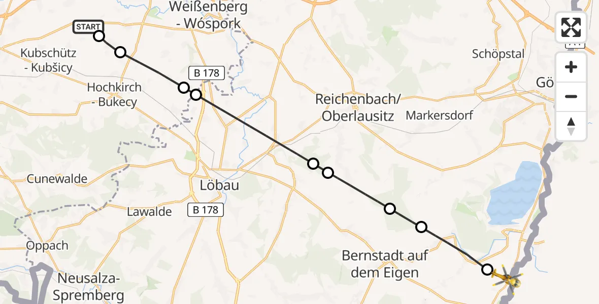 Flugroute Rettungshubschrauber Kubschütz - Ostritz, 21 Juni 2026, 14:36