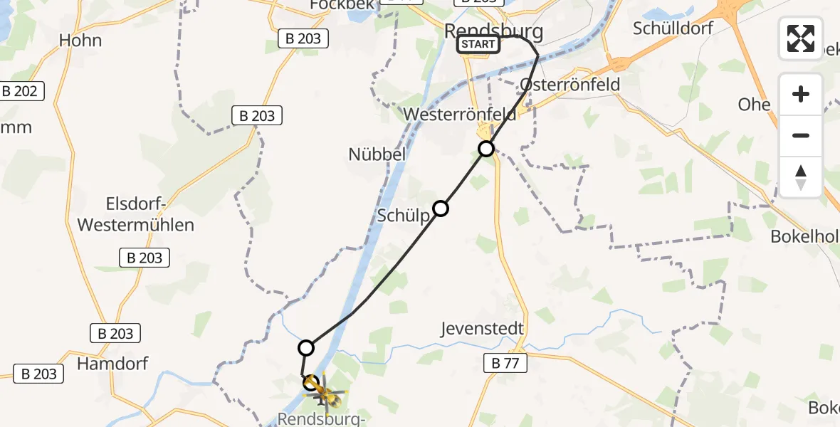 Flugroute Ambulanzhubschrauber Rendsburg - Rendsburg-Schachtholm Flugplatz, 21 Juni 2026, 14:36