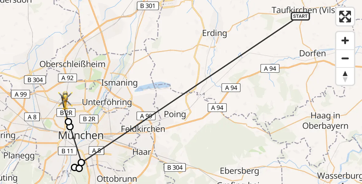 Flugroute Rettungshubschrauber Taufkirchen (Vils) - München, 21 Juni 2026, 14:38