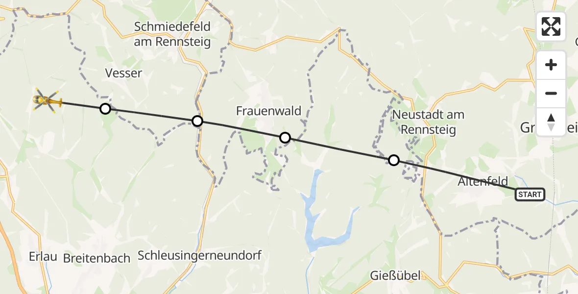 Flugroute Rettungshubschrauber Großbreitenbach - Schleusingen, 21 Juni 2026, 14:41