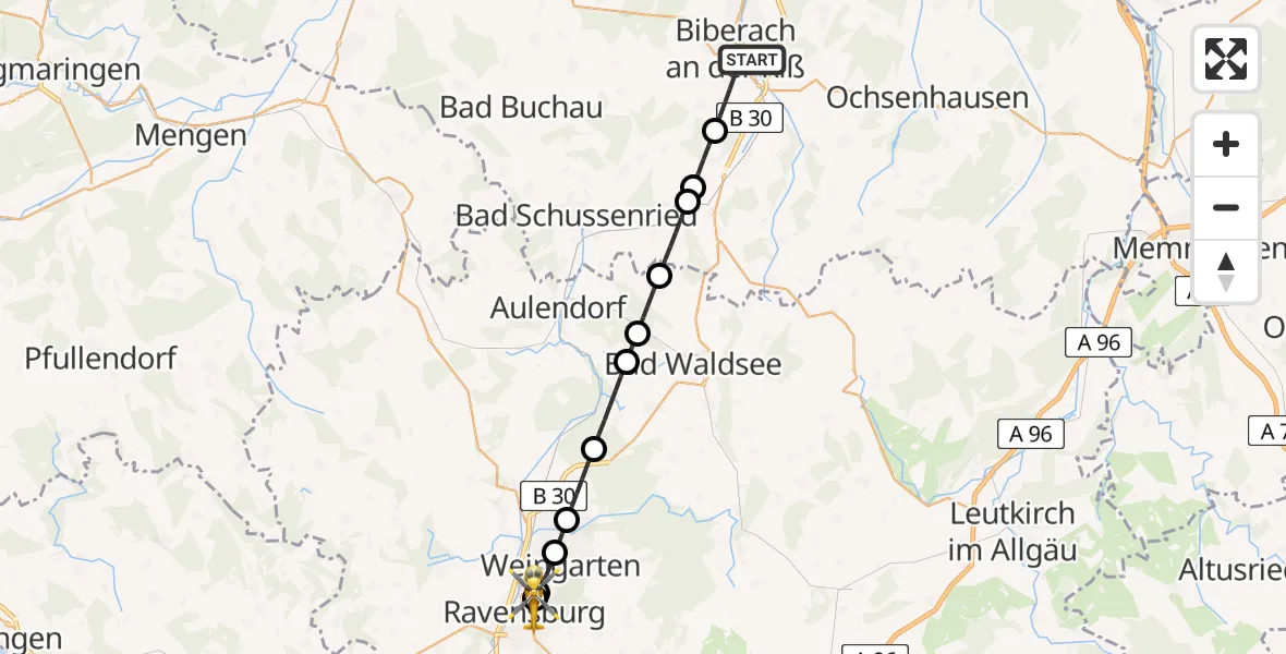 Flugroute Rettungshubschrauber Biberach an der Riß - Sankt Elisabeth Hospital, 21 Juni 2026, 14:43