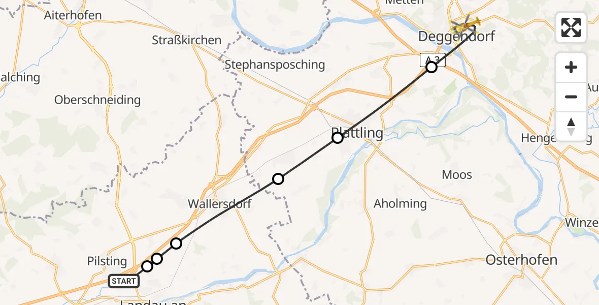 Flugroute Rettungshubschrauber Pilsting - Deggendorf, 21 Juni 2026, 14:45