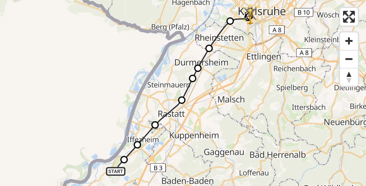 Flugroute Ambulanzhubschrauber Karlsruhe Baden-Baden Flughafen - Sankt Vincentius Hospital, 21 Juni 2026, 14:45