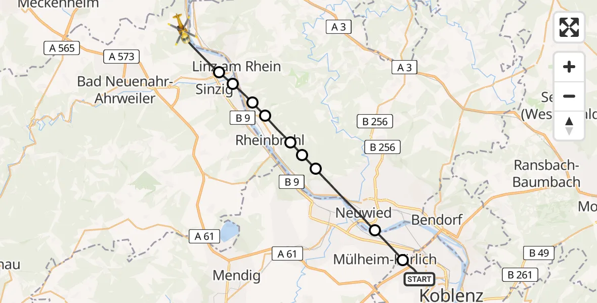 Flugroute Rettungshubschrauber Koblenz - Remagen, 21 Juni 2026, 14:46