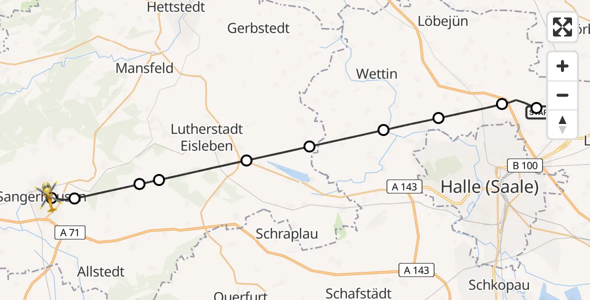 Flugroute Rettungshubschrauber Halle-Oppin Flugplatz - Helios Clinic Mansfeld-Südharz, 21 Juni 2026, 14:47