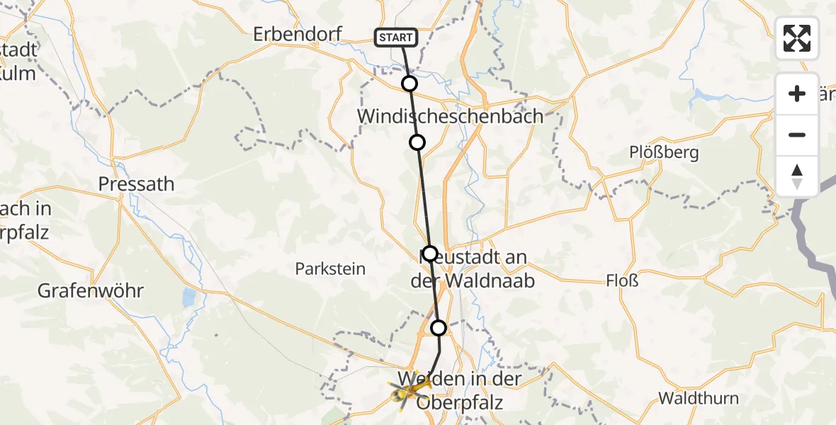 Flugroute Rettungshubschrauber Krummennaab - Weiden i.d.OPf., 21 Juni 2026, 14:52