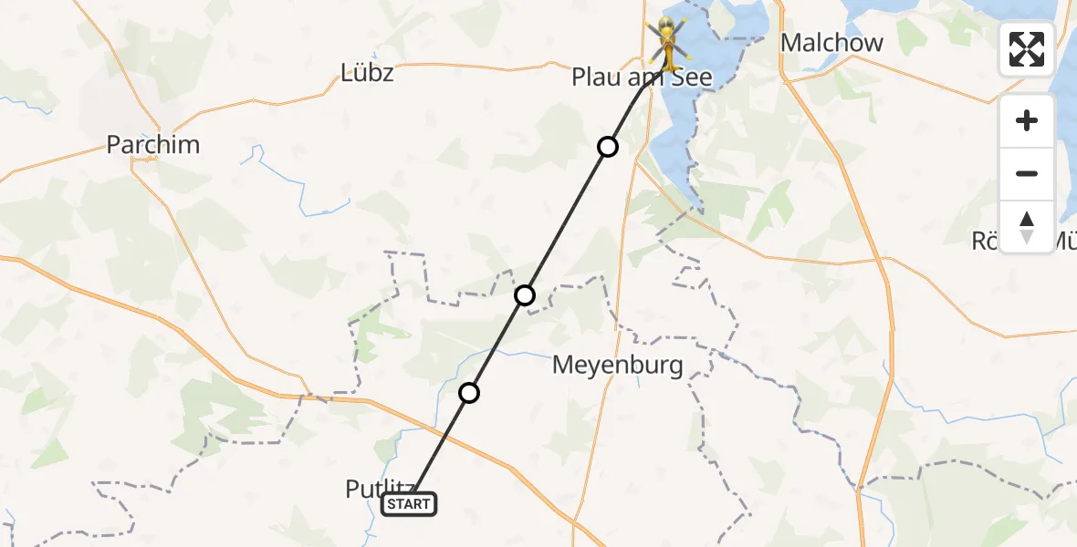 Flugroute Rettungshubschrauber Putlitz - Plau am See, 21 Juni 2026, 14:57