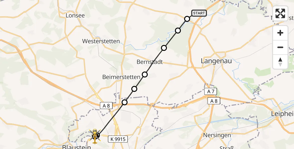 Flugroute Rettungshubschrauber Ballendorf - ADAC Air Rescue Station Ulm (Christoph 22), 21 Juni 2026, 14:57