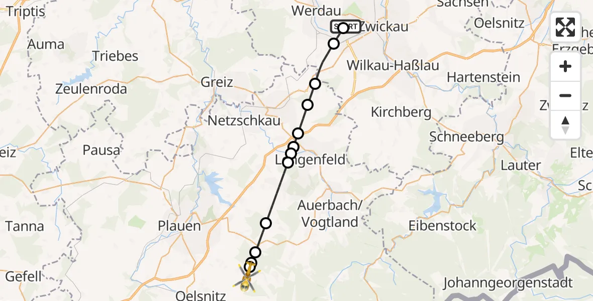 Flugroute Rettungshubschrauber ADAC Air Rescue Station Zwickau Hubschrauberlandeplatz - Tirpersdorf, 21 Juni 2026, 15:02