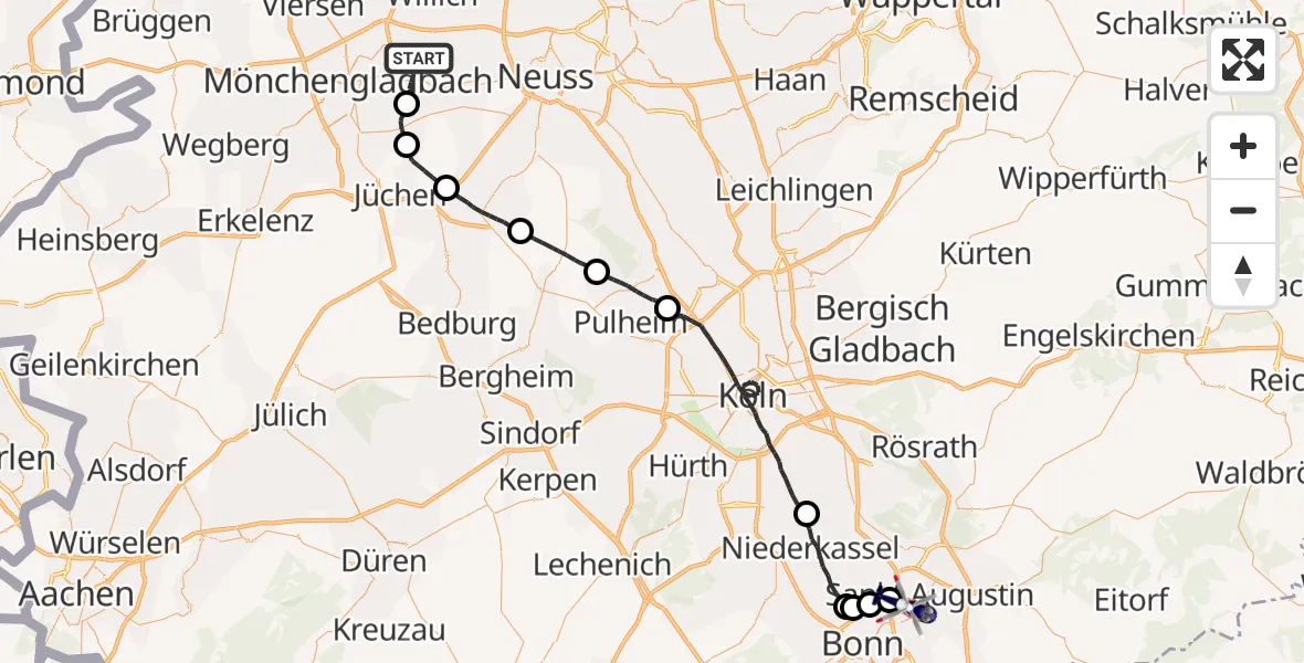 Flugroute Polizeihubschrauber Korschenbroich - Sankt Augustin, 21 Juni 2026, 15:07