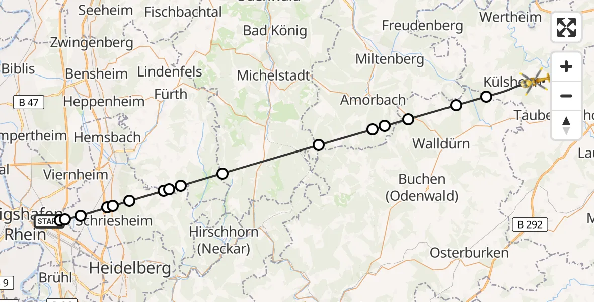 Flugroute Rettungshubschrauber Mannheim-City Flughafen - Külsheim, 21 Juni 2026, 15:14