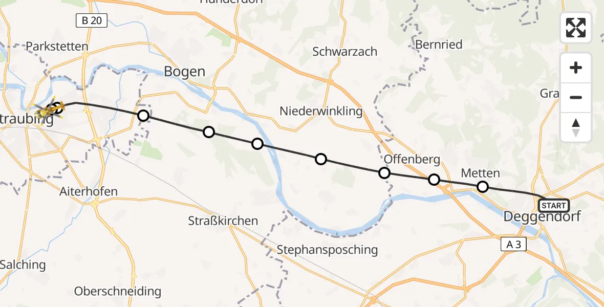 Flugroute Rettungshubschrauber Deggendorf - Sankt Elisabeth Hospital Straubing, 21 Juni 2026, 15:15