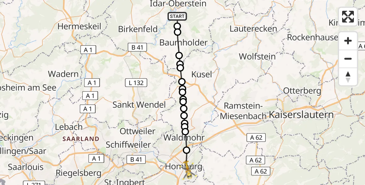 Flugroute Rettungshubschrauber Idar-Oberstein - Homburg, 21 Juni 2026, 15:14
