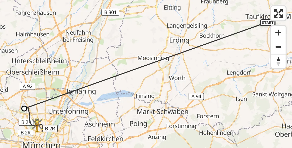 Flugroute Rettungshubschrauber Taufkirchen (Vils) - München, 21 Juni 2026, 15:15