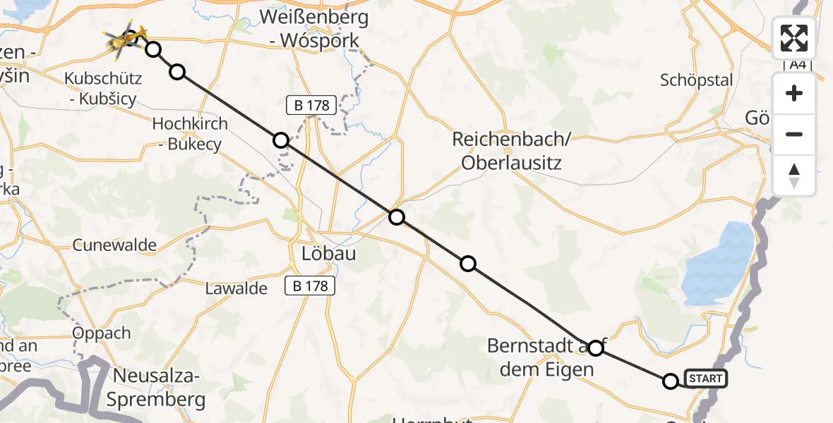 Flugroute Rettungshubschrauber Ostritz - Bautzen Flugplatz, 21 Juni 2026, 15:15
