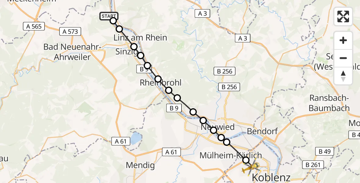 Flugroute Rettungshubschrauber Remagen - Koblenz, 21 Juni 2026, 15:19