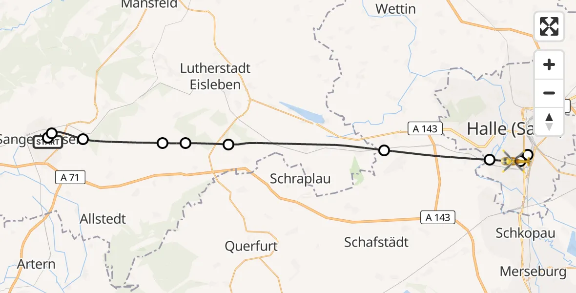 Flugroute Rettungshubschrauber Helios Clinic Mansfeld-Südharz - Halle (Saale), 21 Juni 2026, 15:24