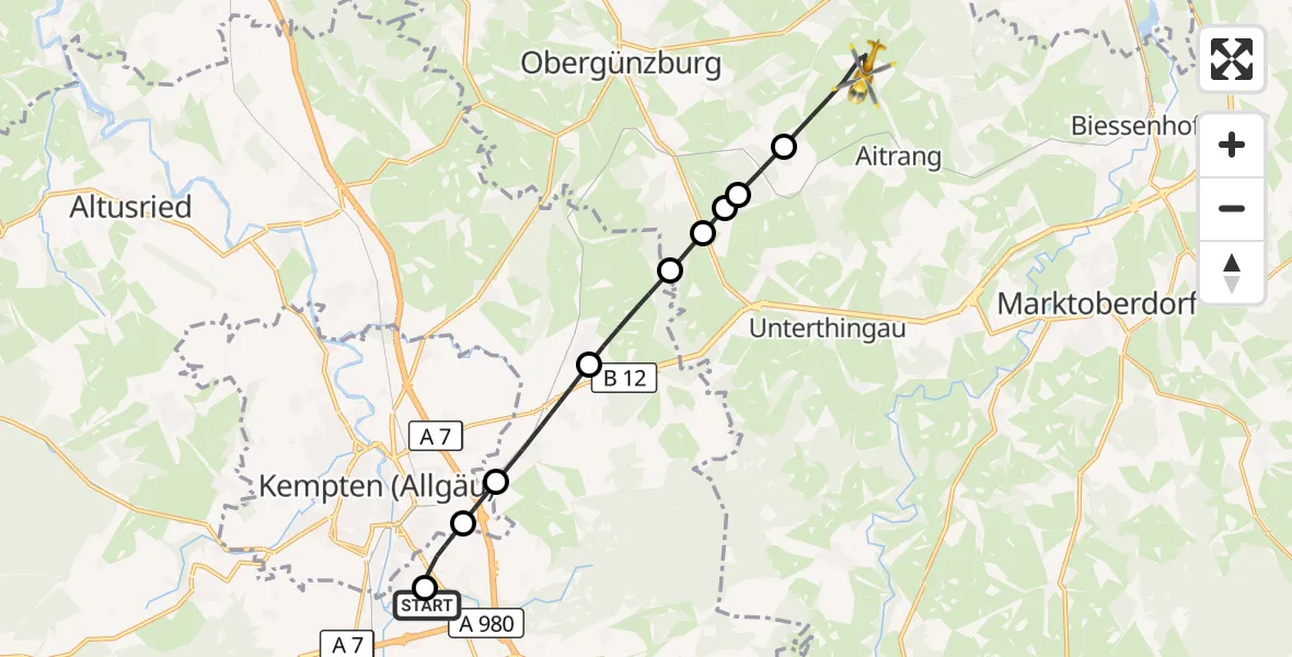 Flugroute Rettungshubschrauber Kempten-Durach Flugplatz - Aitrang, 21 Juni 2026, 15:25