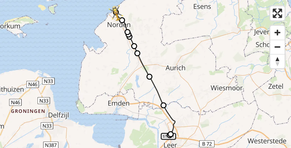 Flugroute Ambulanzhubschrauber Flugplatz Leer-Papenburg - Norden, 21 Juni 2026, 15:27