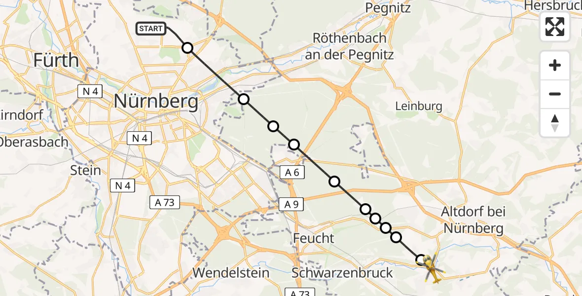 Flugroute Rettungshubschrauber Flughafen Nuremberg - Burgthann, 21 Juni 2026, 15:28