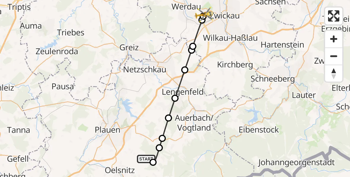 Flugroute Rettungshubschrauber Tirpersdorf - ADAC Air Rescue Station Zwickau Hubschrauberlandeplatz, 21 Juni 2026, 15:30