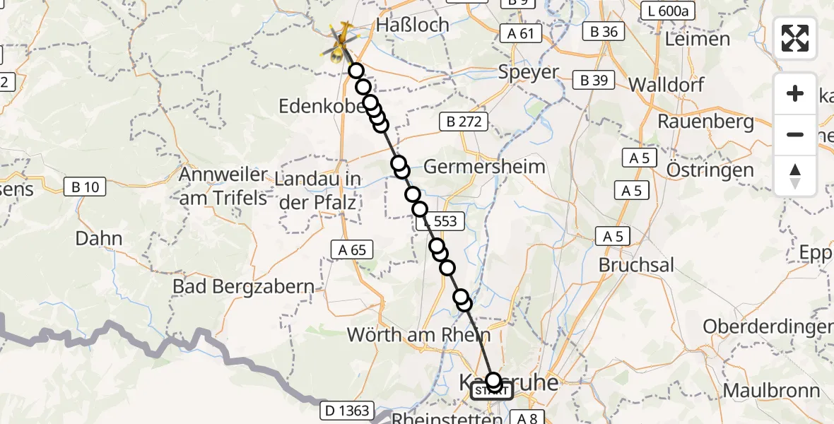 Flugroute Ambulanzhubschrauber Sankt Vincentius Hospital - Neustadt an der Weinstraße, 21 Juni 2026, 15:32