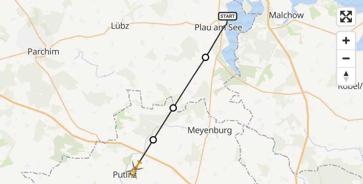 Flugroute Rettungshubschrauber Plau am See - Putlitz, 21 Juni 2026, 15:35