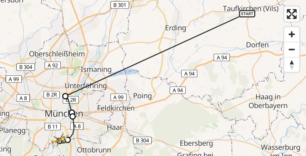 Flugroute Rettungshubschrauber Taufkirchen (Vils) - ADAC Air Rescue Center Hubschrauberlandeplatz (Christoph 1), 21 Juni 2026, 15:40